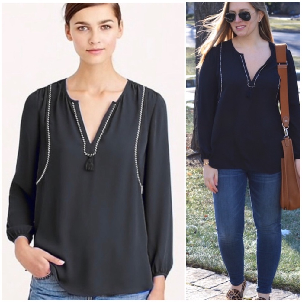 J. CREW 4 Tassel Tie Neck Top Blouse Black Trim Silky Satin Small Shirt Work